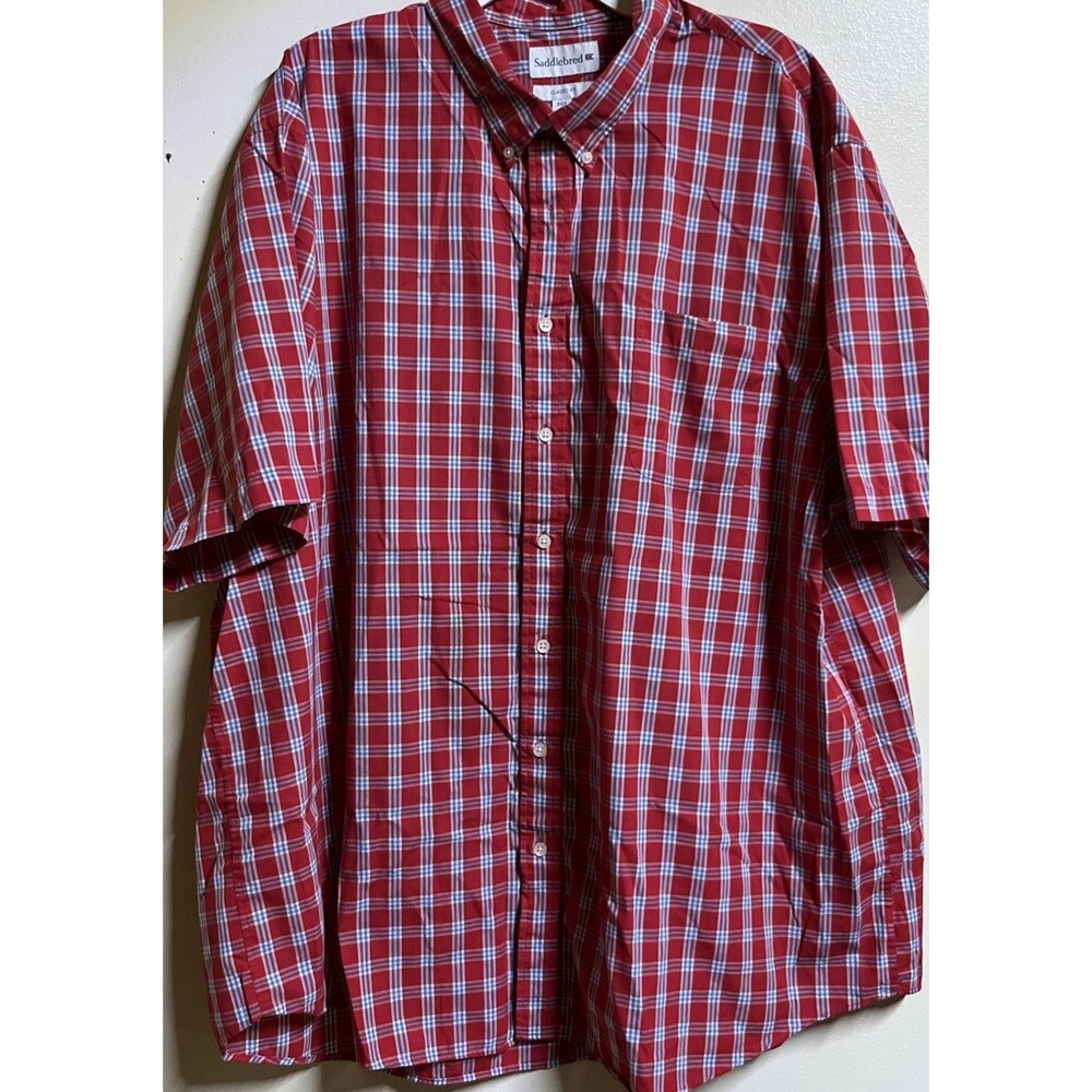Saddlebred Classic Fit Mens Dress Shirt Sz 3XLT Red Plaid Stripes Short Sleeves